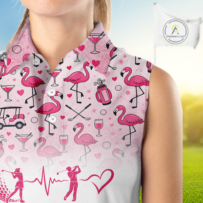 Pink Flamingo Heart Theme Matching Sleeveless Golf Polo Shirt For Couple Custom Couple Valentines Outfit NHN0145