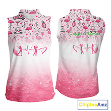 Load image into Gallery viewer, Pink Flamingo Heart Theme Matching Sleeveless Golf Polo Shirt For Couple Custom Couple Valentines Outfit NHN0145