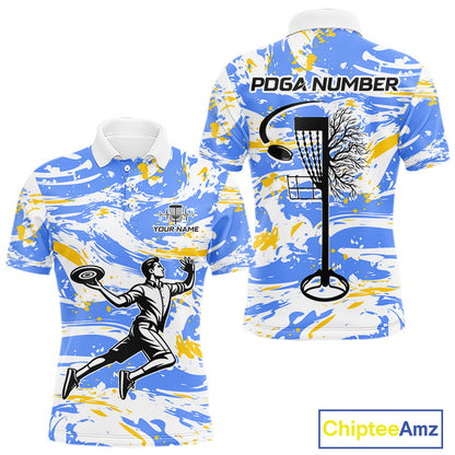 Camo Mens Disc Golf Polo Shirt Custom Name Blue Yellow Disc Golf Basket Apparel Team Disc Golf Outfit NHN0027