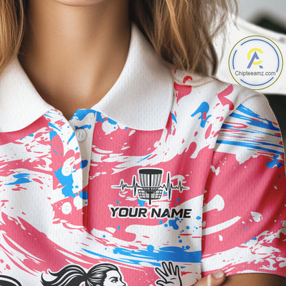 Camo Womens Disc Golf Polo Shirt Custom Name Pink Disc Golf Basket Apparel Team Disc Golf Outfit NHN0027