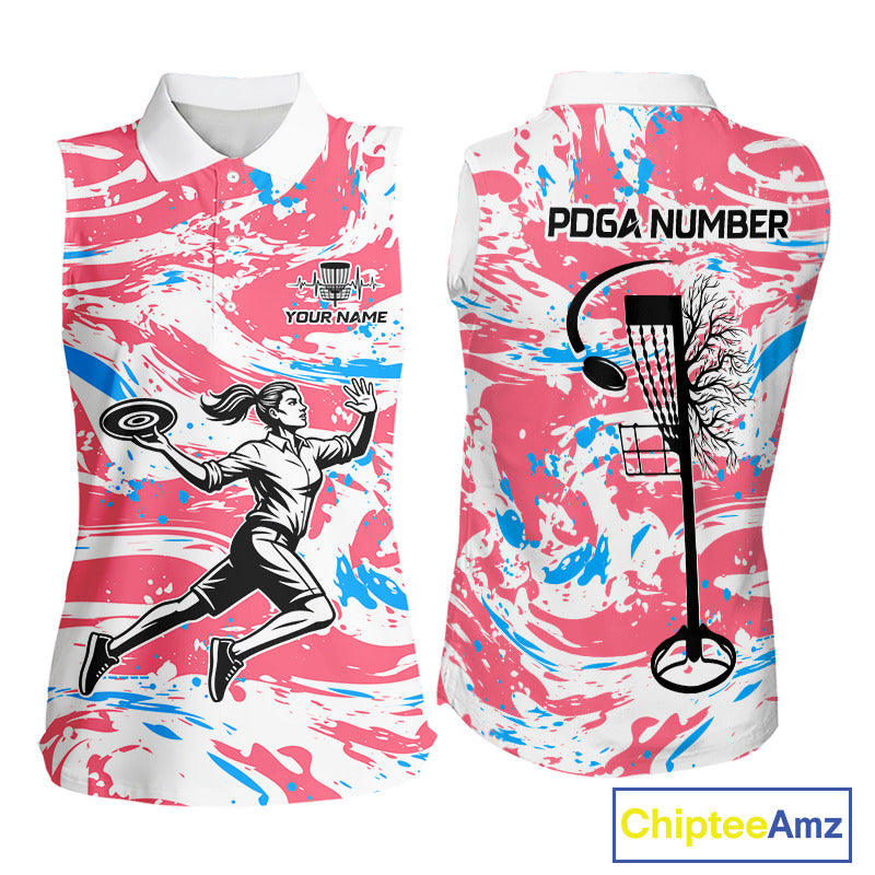 Camo Womens Disc Golf Sleeveless Polo Shirt Custom Name Pink Disc Golf Basket Apparel Team Disc Golf Outfit NHN0027