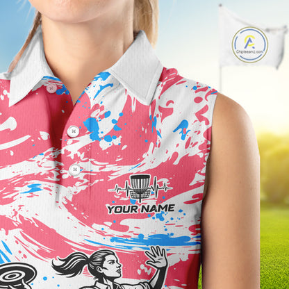Camo Womens Disc Golf Sleeveless Polo Shirt Custom Name Pink Disc Golf Basket Apparel Team Disc Golf Outfit NHN0027