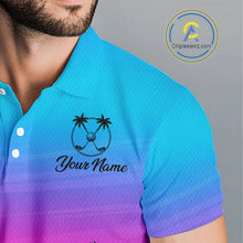 Load image into Gallery viewer, Pink Blue Neon Palm Pattern Mens Golf Polo Shirt Custom Golf Ball Blue Golf Tops, Golfer Gifts NHN0157