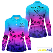 Load image into Gallery viewer, Pink Blue Neon Womens Long Sleeve Golf Polo Shirt Custom Funny Blue Palm Golf Tops, Golfer Gifts NHN0157