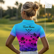 Load image into Gallery viewer, Pink Blue Neon Palm Pattern Womens Golf Polo Shirt Custom Golf Ball Blue Golf Tops, Golfer Gifts NHN0157