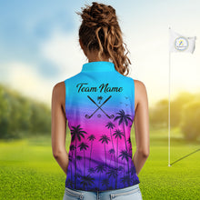 Load image into Gallery viewer, Pink Blue Neon Womens Sleeveless Golf Polo Shirt Custom Funny Blue Palm Golf Tops, Golfer Gifts NHN0157