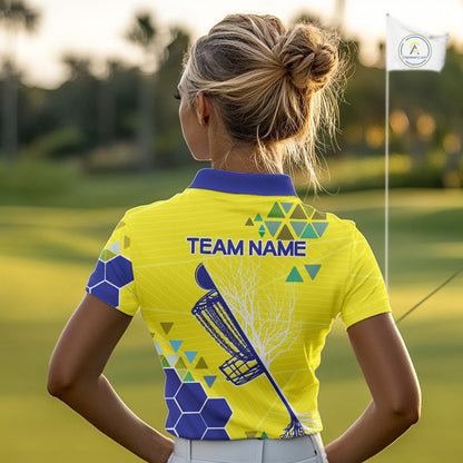 Blue And Yellow Hexagon Pattern Womens Disc Golf Polo Shirts Custom Team Disc Golf Jersey NHN0031