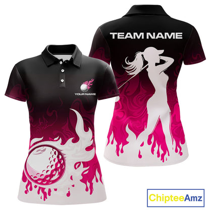 Pink Womens Golf polo Shirts Custom Name With Pink Flame Golf Ball Shirt For Women Personalized NHN0039
