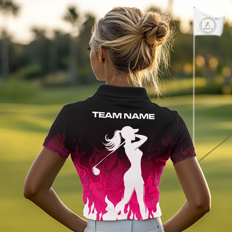 Pink Womens Golf polo Shirts Custom Name With Pink Flame Golf Ball Shirt For Women Personalized NHN0039