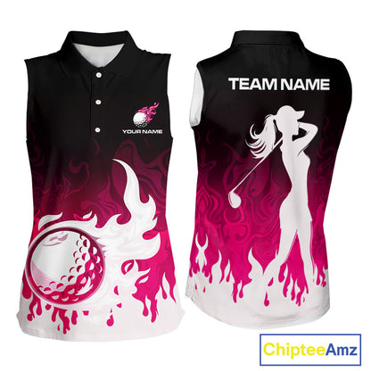 Pink Womens Sleeveless Golf Shirts Custom Name With Pink Flame Golf Ball Shirt For Women Personalized NHN0039