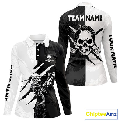 Black And White Funny Skull Golf Quarter Zip Golf Sweatshirt For Women Custom Skull Playing Golf Sweater NHN0047