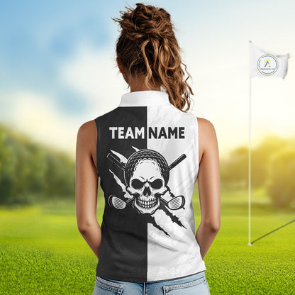 Funny Skull Golf Sleeveless Polo Shirt Custom Black And White Camo Pattern Golf Attire For Women NHN0047