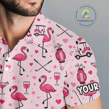 Load image into Gallery viewer, Funny Pink Flamingo Pattern Mens Golf Polo Shirt Custom Name Hawaiian Flamingo Golf Shirts NHN0191