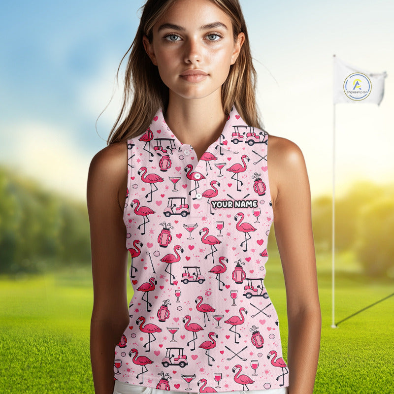 Funny Pink Flamingo Pattern Womens Sleeveless Golf Polo Shirt Custom Hawaiian Flamingo Golf Shirts NHN0191