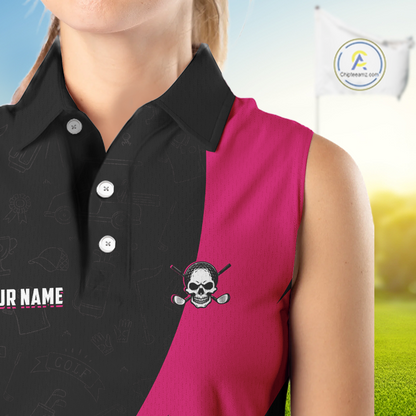 Funny Golf Sleeveless Polo Shirt Custom Pink & Black Golf Ball Skull Golf Attire For Women NHN0060