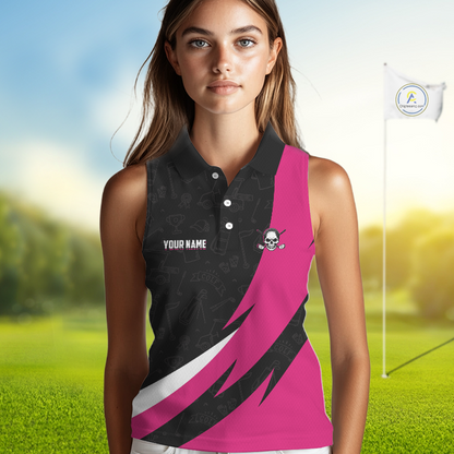 Funny Golf Sleeveless Polo Shirt Custom Pink & Black Golf Ball Skull Golf Attire For Women NHN0060