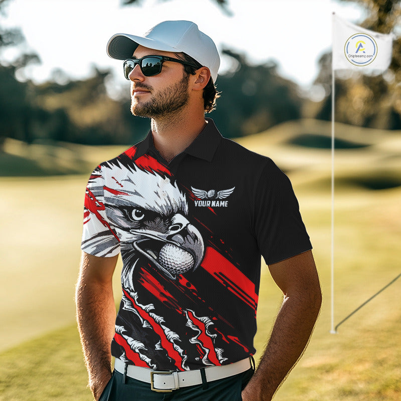 Mens Golf Polo Shirts Custom Red And Black Grunge Pattern Eagle Golf Shirts For Men, Golf Apparel NHN0062