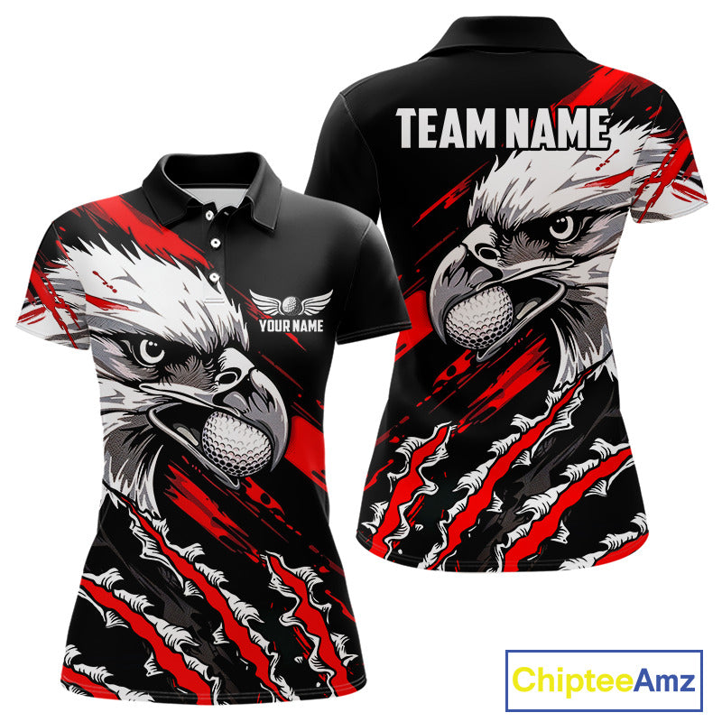 Womens Golf Polo Shirts Custom Red & Black Grunge Pattern Eagle Golf Shirts For Men, Golf Apparel NHN0062