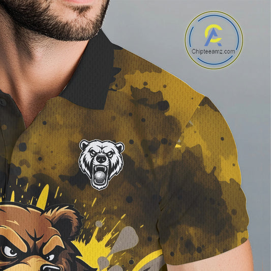 Mens Golf Polo Shirts Custom Yellow And Black Grunge Pattern With Bear Grasping Golf Ball Apparel NHN0063