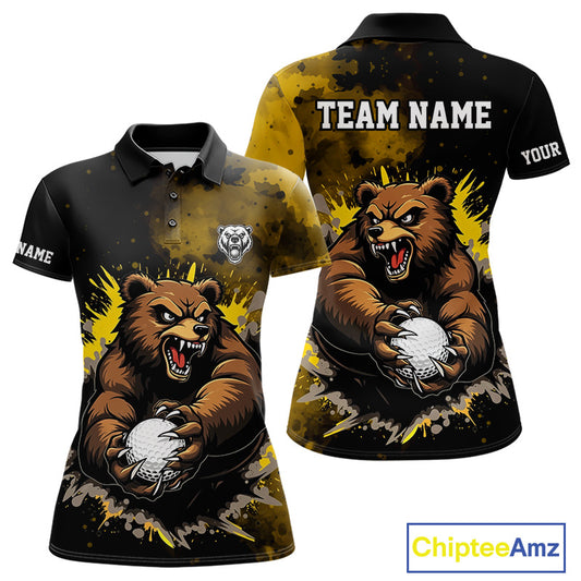 Womens Golf Polo Shirts Custom Yellow And Black Grunge Pattern With Bear Grasping Golf Ball NHN0063
