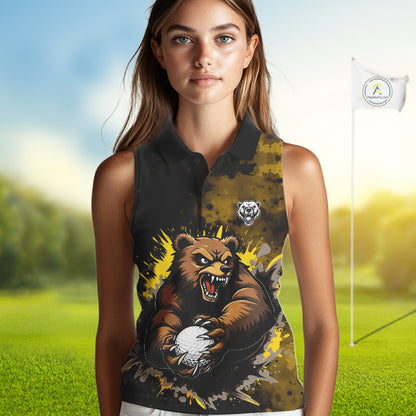 Womens Sleeveless Golf Polo Shirt  Custom Yellow And Black Grunge Pattern With Bear Grasping Golf Ball NHN0063