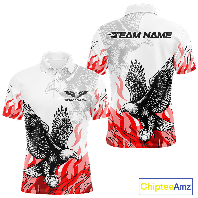 Mens Golf Polo Shirt Custom Eagle Red Flame Team Golf Tops, White Golf Outfit For Men NHN0070