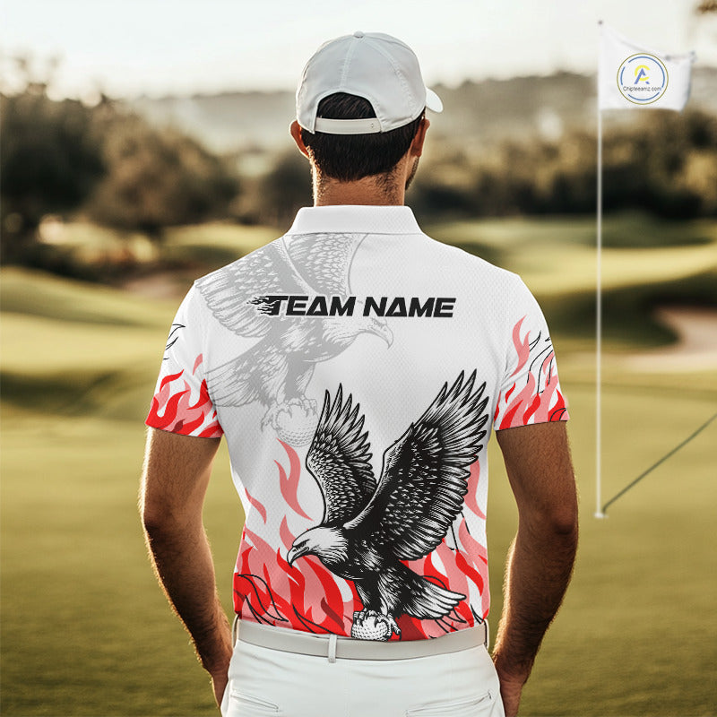 Mens Golf Polo Shirt Custom Eagle Red Flame Team Golf Tops, White Golf Outfit For Men NHN0070