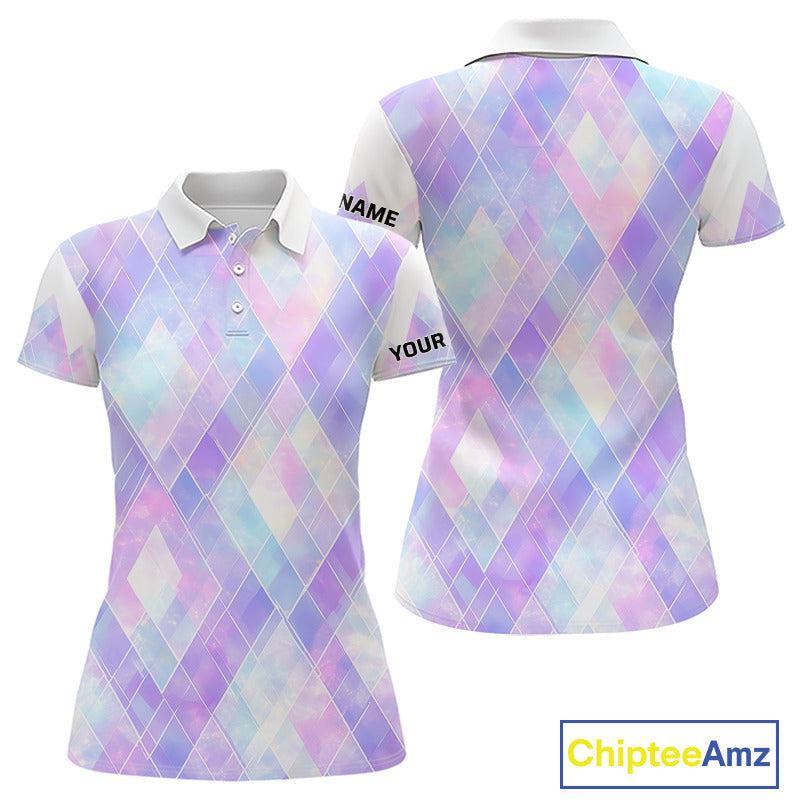 Violet And Blue Square Pattern Womens Golf Polo Shirt Custom Name Golf Tops For Ladies NHN0203