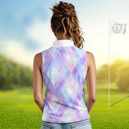 Violet And Blue Square Pattern Womens Sleeveless Golf Polo Shirt Custom Name Golf Tops For Ladies NHN0203