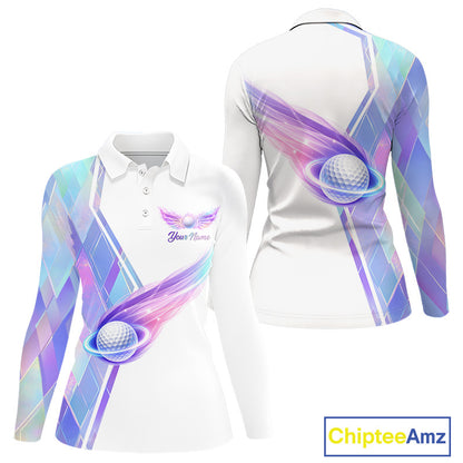 Womens Long Sleeve Golf Polo Shirt Violet Square Plaid Pattern Custom Golf Ball Golf Tops For Ladies NHN0204