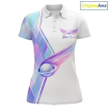 Womens Golf Polo Shirt Violet Square Plaid Pattern Custom Flame Golf Ball Golf Tops For Ladies NHN0204