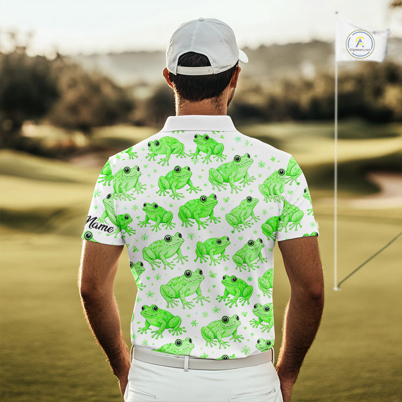 Funny Green Frog Pattern Mens Golf Polo Shirts Custom Golf Attire For Men, Golfer Gift NHN0134