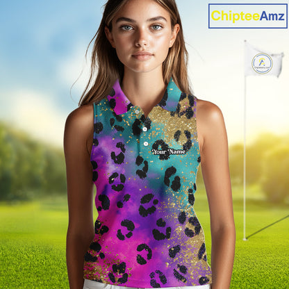 Womens Sleeveless Golf Polo Shirt Custom Colorful Neon Rainbow Leopard Pattern Team Golf Tops NHN0217