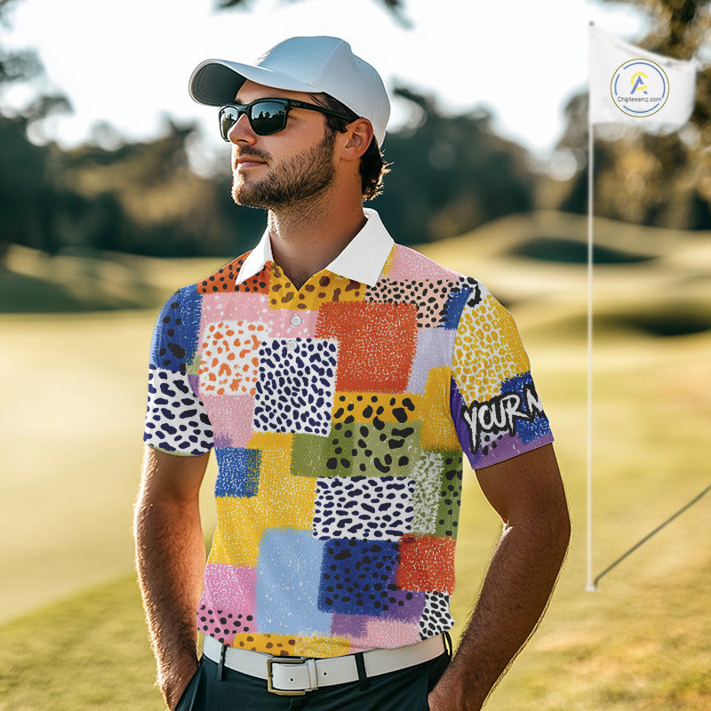 Funny Plaid Mens Golf Polo Shirt Custom Colorful Leopard Square Pattern Team Golf Tops, Golf Gifts NHN0218