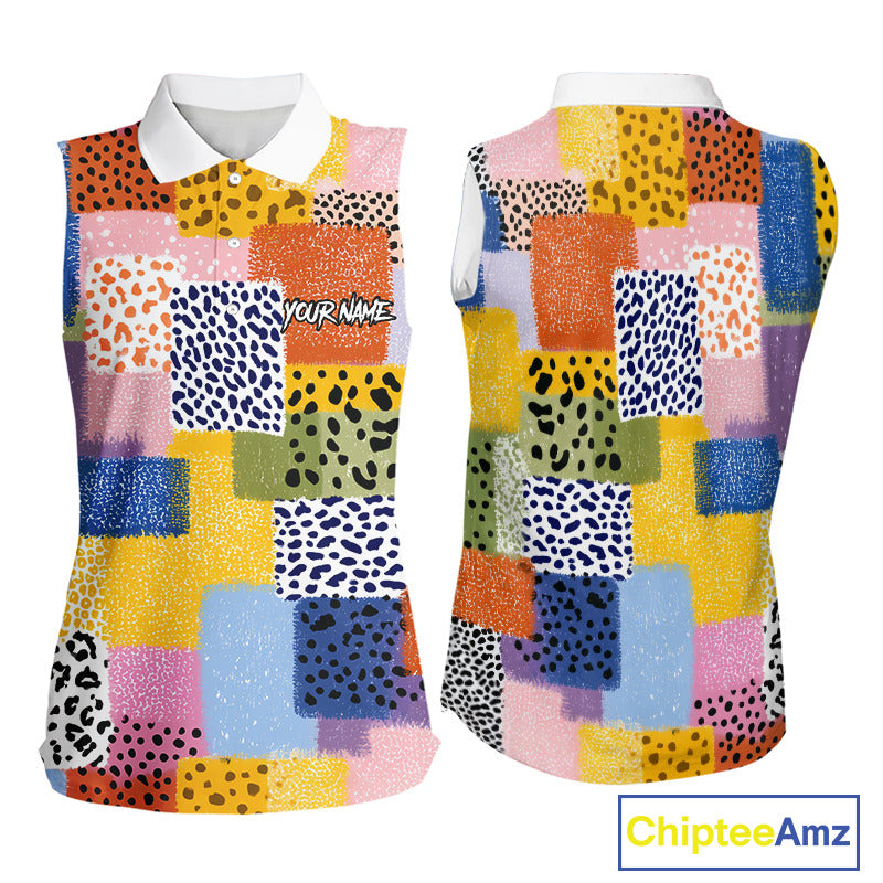 Funny Plaid Womens Sleeveless Golf Polo Shirt Custom Colorful Leopard Square Pattern Team Golf Top NHN0218