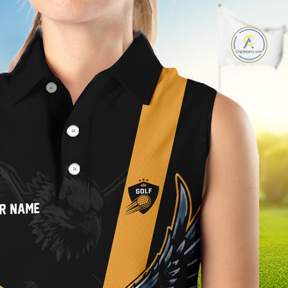 Womens Sleeveless Golf Polo Shirt Custom Eagle Golf Attire For Ladies, Black & Yellow Team Golf Top NHN0083
