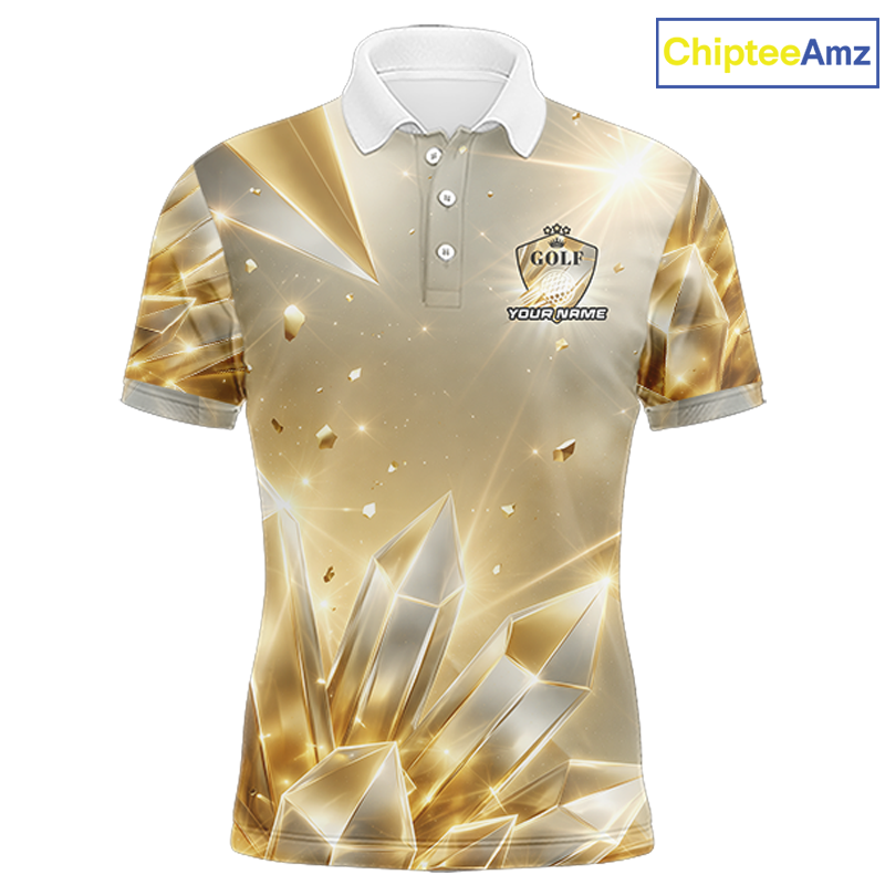 Mens Golf Polo Shirt Custom Gold Diamond Crystal Golf Ball Custom Name Golf Shirts For Team NHN0220