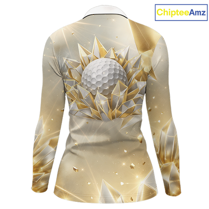 Womens Long Sleeve Golf Polo Shirt Custom Gold Diamond Crystal Golf Ball Custom Name Team Golf Shirts NHN0220
