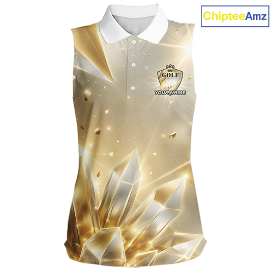 Womens Sleeveless Golf Polo Shirt Custom Gold Diamond Crystal Golf Ball Custom Name Group Golf Shirts NHN0220