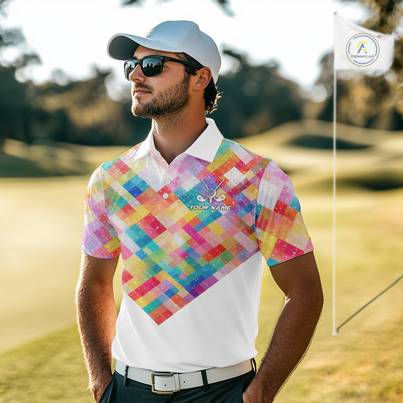 Geometric Pink Mens Golf Polo Shirts Custom Name Golf Shirts For Men Personalized Golf Gifts NHN0089