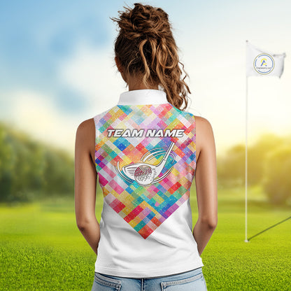 Geometric Pink Womens Sleeveless Golf Polo Shirt Custom Name Golf Shirts For Ladies, Golf Gifts NHN0089
