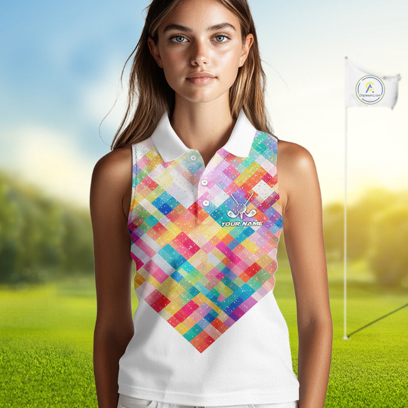 Geometric Pink Womens Sleeveless Golf Polo Shirt Custom Name Golf Shirts For Ladies, Golf Gifts NHN0089