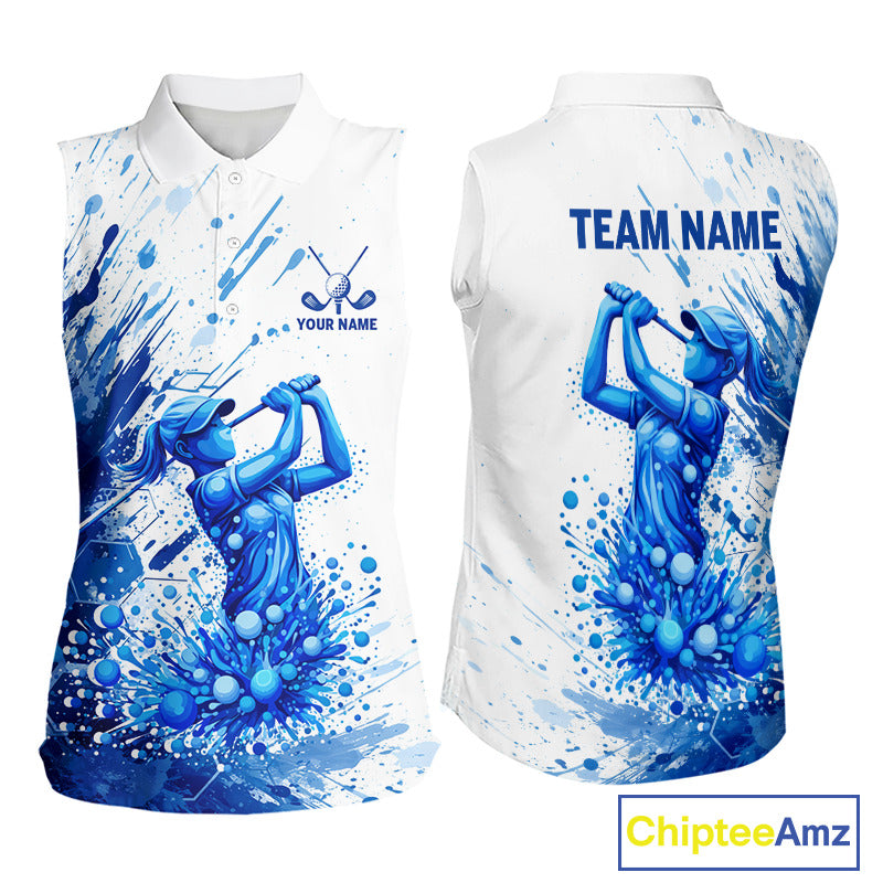 Golf Polo Shirts, Womens Sleeveless Golf Polo Shirt Blue Painting Golfer Custom Team Golf Shirt NHN0090
