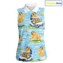 Load image into Gallery viewer, Womens Sleeveless Golf Polo Shirt Custom Funny Golden Retriever Blue Team Golf Tops, Dog Lover Gift NHN0225