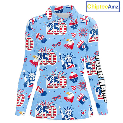 America 250th Anniversary Womens Long Sleeve Golf Polo Shirt, Patriotic USA Golf Shirts, Golf Gift NHN0232