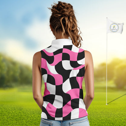Womens Sleeveless Golf Polo Shirt Custom Pink Checkerboard Argyle Pattern Golf Attire For Ladies NHN0124
