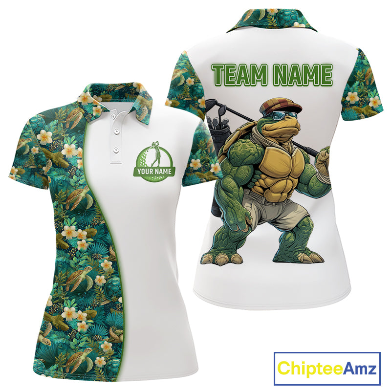 Funny Womens Golf Polo Shirt Custom Green Tropical Leaf Pattern Personalized Turtle Golf Shirts For Women NHN0003
