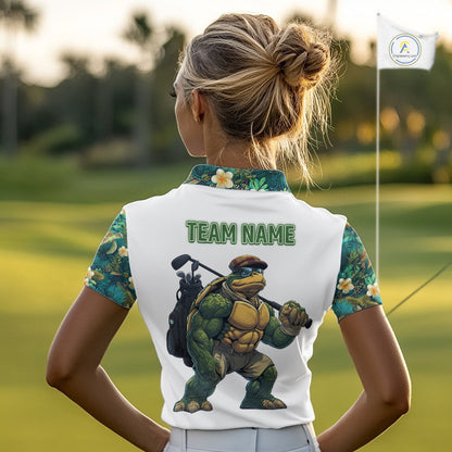 Funny Womens Golf Polo Shirt Custom Green Tropical Leaf Pattern Personalized Turtle Golf Shirts For Women NHN0003