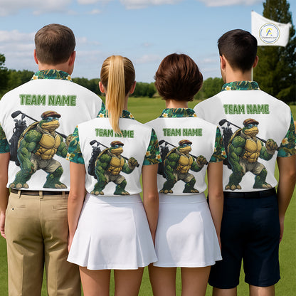 Funny Womens Golf Polo Shirt Custom Green Tropical Leaf Pattern Personalized Turtle Golf Shirts For Women NHN0003