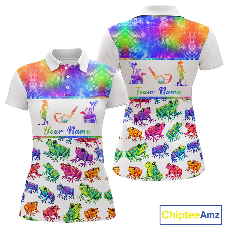 Funny Tie Dye Frog Pattern Womens Golf Polo Shirts Custom Watercolor Golf Attire For Ladie, Golf Gifts NHN0135